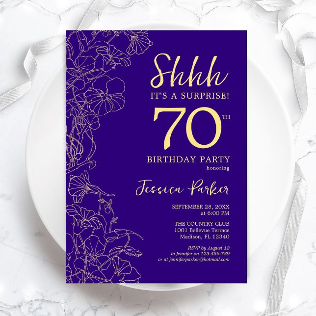 Purple Gold Surprise 70th Birthday Invitation (Creator Uploaded)