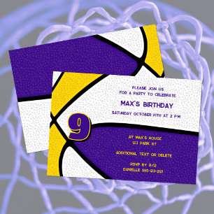 purple gold team colours basketball birthday invitation