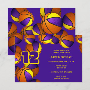 purple gold team colours basketballs birthday invitation