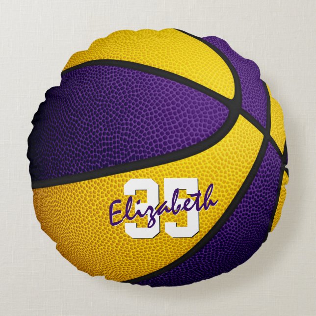 purple gold team colours girl boy basketball decor round pillow (Front)