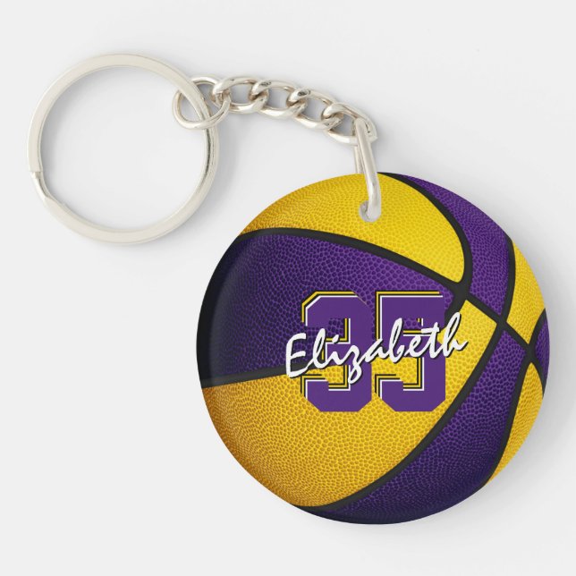 purple gold team colours girls boys basketball keychain (Front)