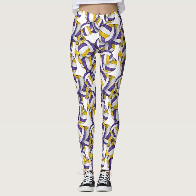 Purple gold team colours girly volleyballs pattern leggings (Front)