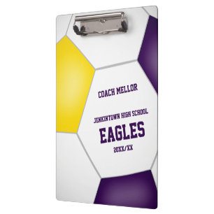 Purple gold team colours kids soccer coach clipboard