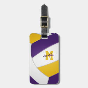 purple gold team colours monogrammed volleyball luggage tag