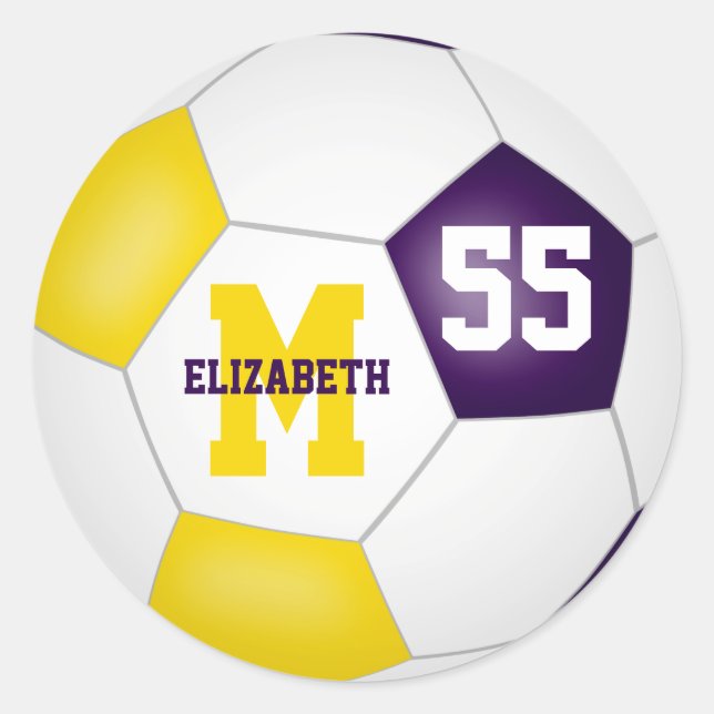 purple gold team colours soccer ball personalized classic round sticker (Front)