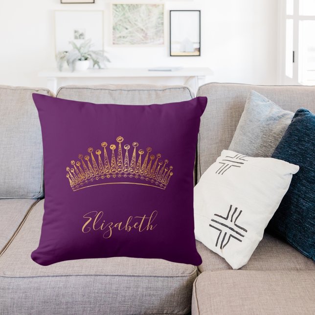 Purple gold tiara crown name elegant throw pillow (Creator Uploaded)