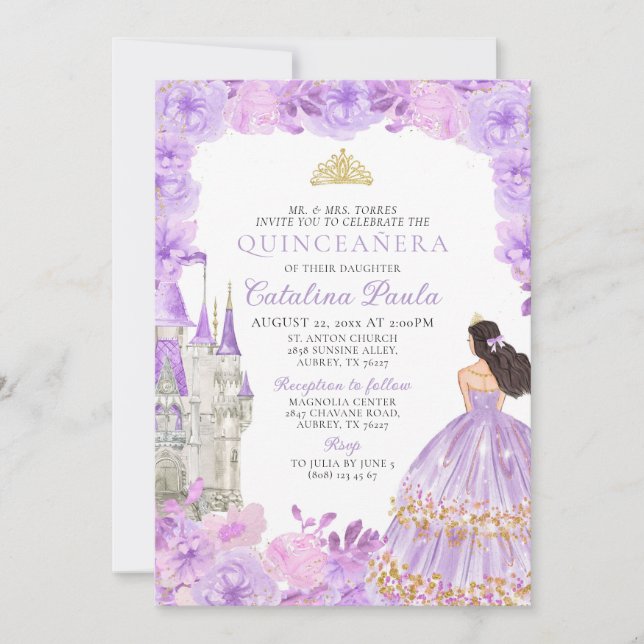 Purple Gold Tiara Princess Quinceañera Invitation (Devant)
