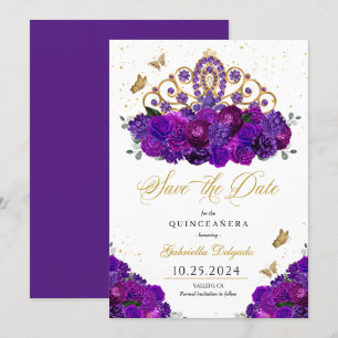 Purple & Gold Tiara Save The Date Quinceañera Invitation