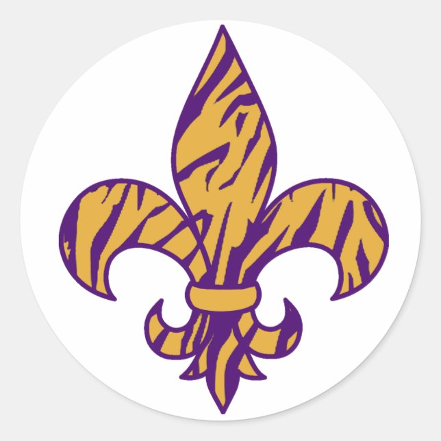 Purple & Gold Tiger Striped Fleur de Lis Sticker (Front)