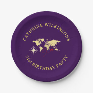 Purple Gold Travel Themed 21st Birthday  Paper Plate