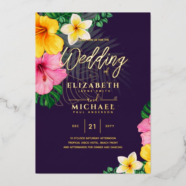 Purple Gold Tropical Leaf Destination Wedding (Front)