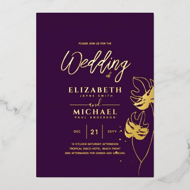 Purple Gold Tropical Leaf Destination Wedding (Front)