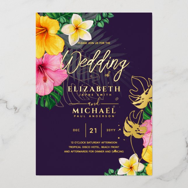 Purple Gold Tropical Leaf Destination Wedding (Front)