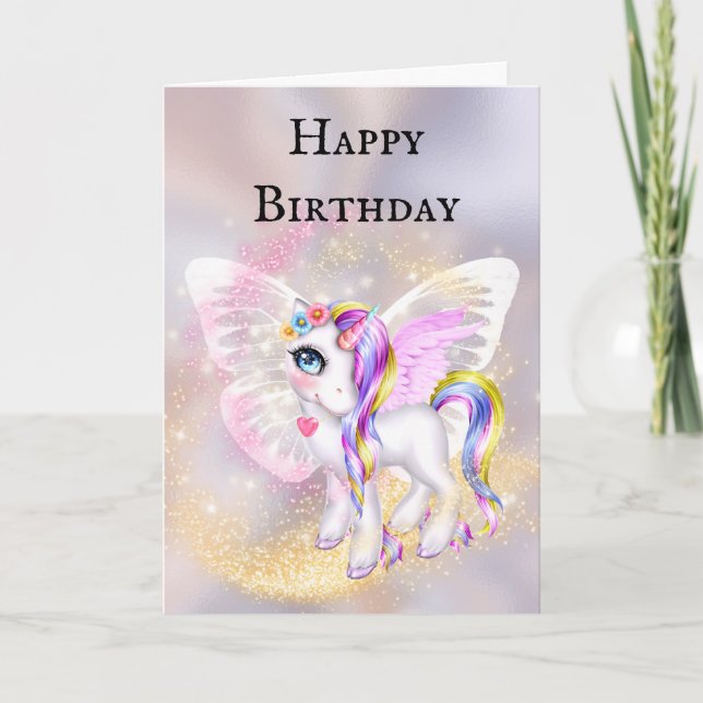Purple gold unicorn fairy girls birthday card (Front)