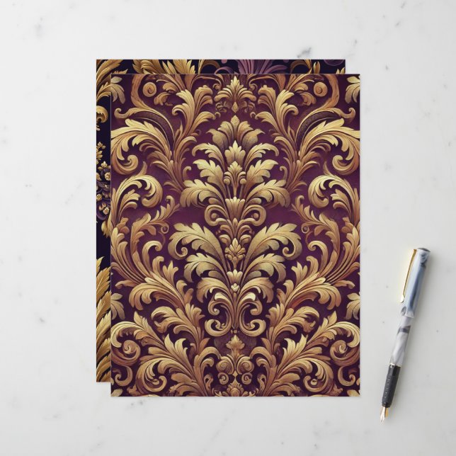 Purple & Gold Victorian Damask Scrapbook Paper (Front/Back In Situ)