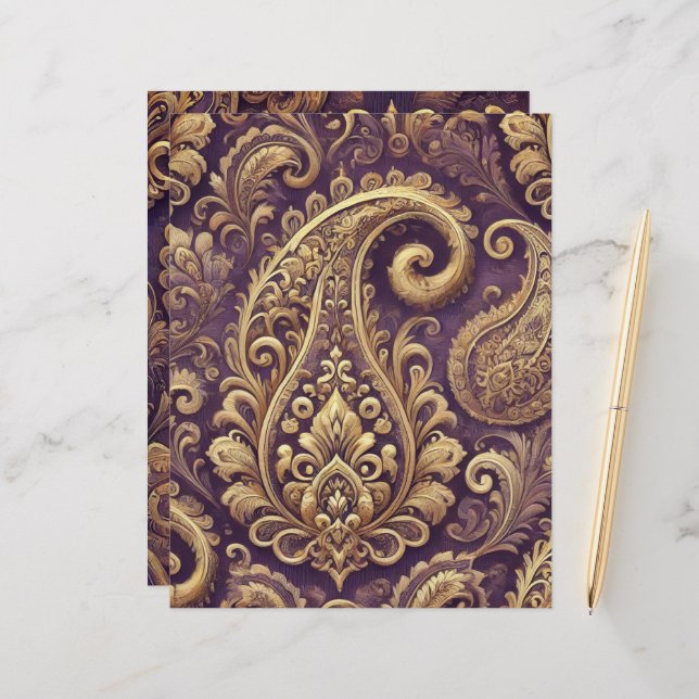 Purple & Gold Victorian Paisley Scrapbook Paper (Front/Back In Situ)