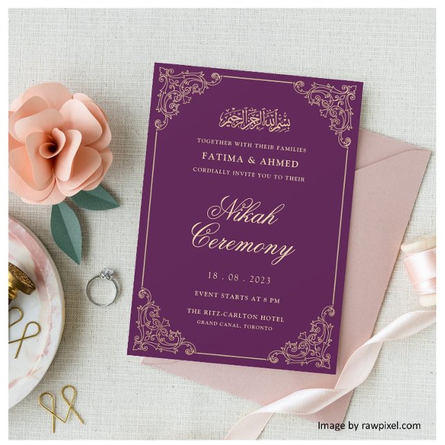 Purple Gold Vintage Islamic Muslim Wedding Invitation (Creator Uploaded)