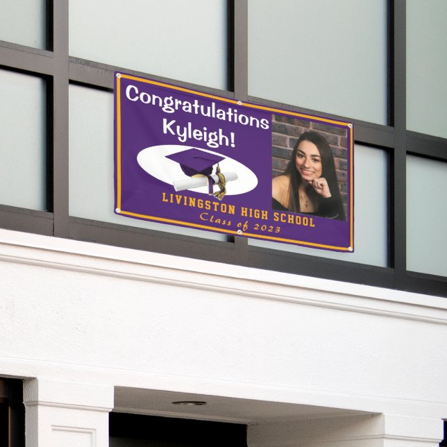 Purple & Gold Vinyl Graduation Photo Banner (Outside Building)