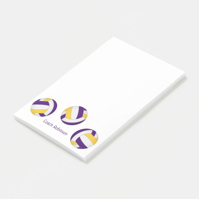 Purple gold volleyballs coach athlete name post-it notes (Angled)