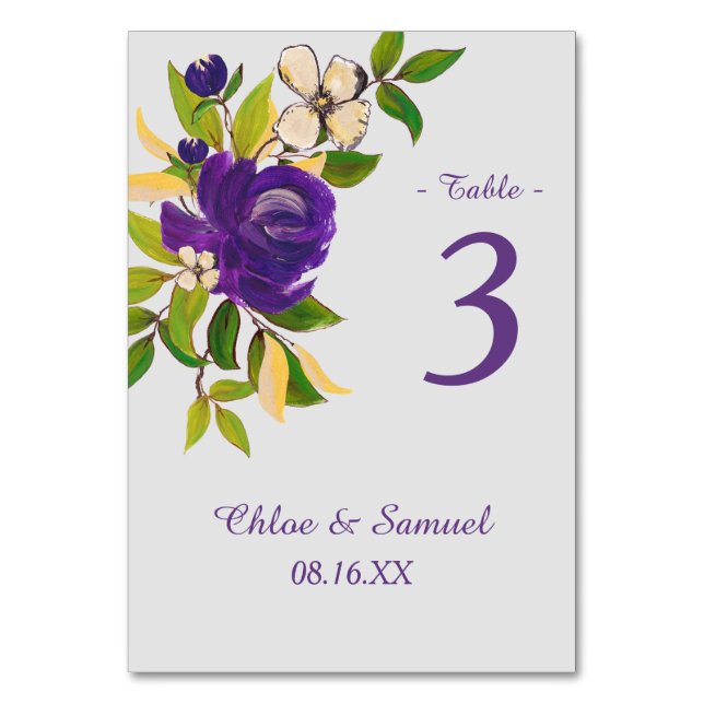 Purple Gold Watercolor Bouquet Wedding Table Number (Front)