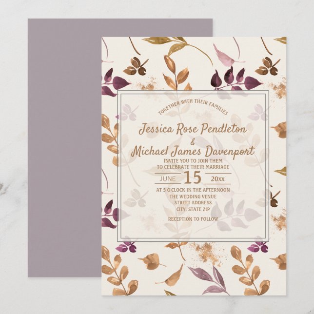 Purple Gold Watercolor Leaves Lilac Cream Wedding Invitation (Front/Back)