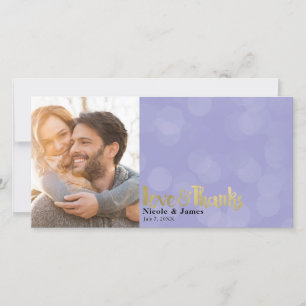Purple Gold Wedding Photo Love & Thanks Thank You Card
