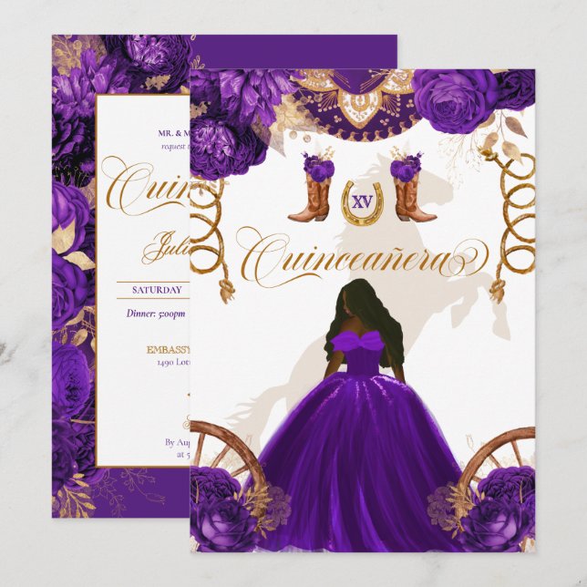 Purple Gold Western Charro 2-Sided Quinceanera Inv Invitation (Front/Back)