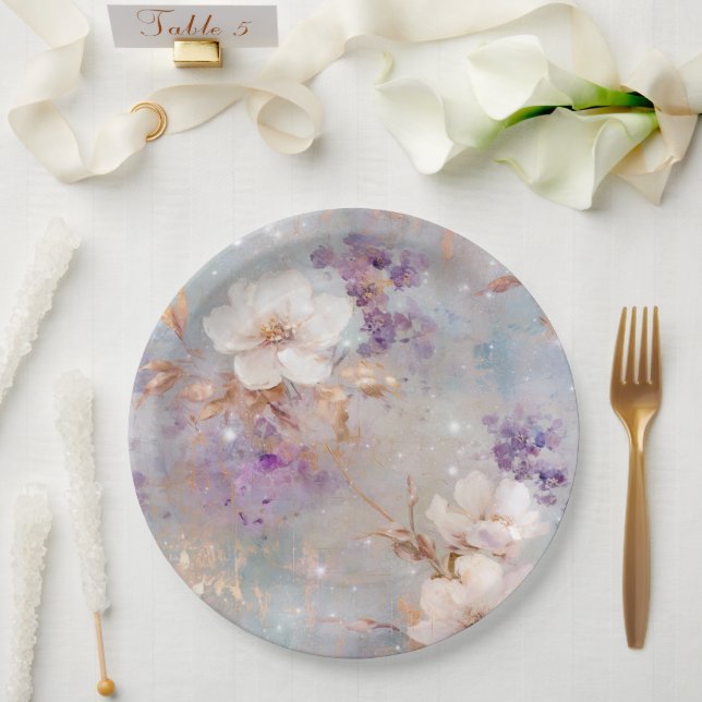 Purple Gold White Floral Paper Plate (Wedding)