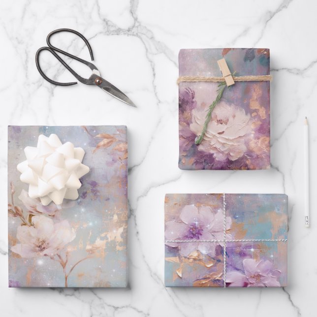 Purple Gold White Floral Wrapping Paper Sheet (Front)