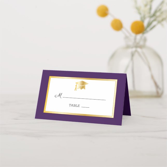 Purple | Gold | White Grad Cap Place Cards (Front)