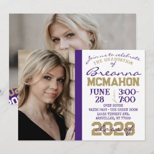 Purple, Gold & White Graduation 2 Photo Invitation