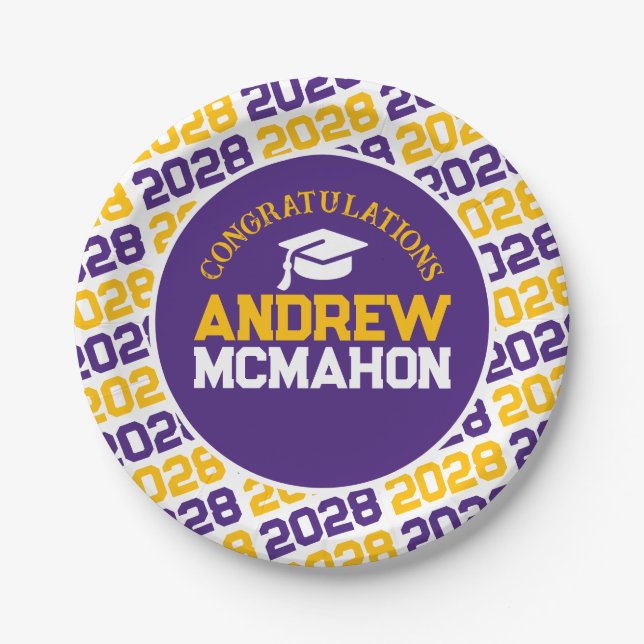 Purple, Gold & White Graduation Personalized Paper Plate (Front)