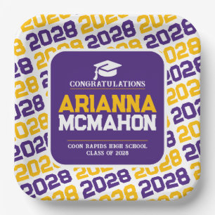 Purple, Gold & White Personalized Graduation Pape Paper Plate