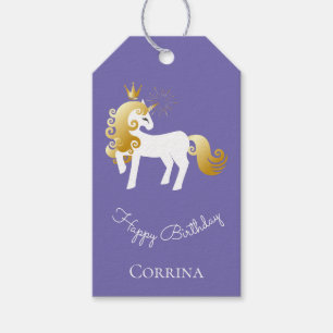Purple Gold White Unicorn Birthday Gift Tags
