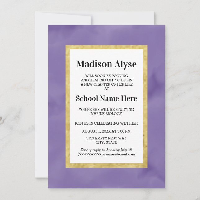 Purple Gold White Watercolor Trunk Party Invite (Front)
