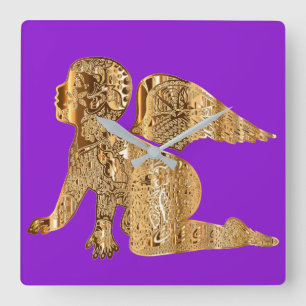 Purple Golden Baby Angel Shiny Elegant Square Wall Clock