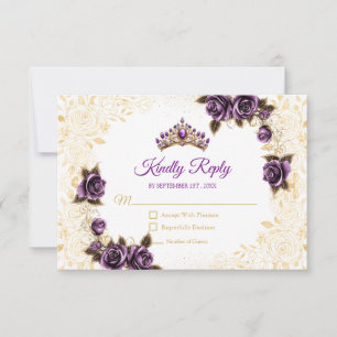 Purple Golden Tiara Floral Rose Quinceañera RSVP Card