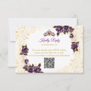 Purple Golden Tiara Roses Butterflies Quinceañera RSVP Card