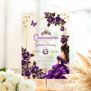 Purple Golden Tiara Roses Butterfly Quinceañera Acrylic Invitations