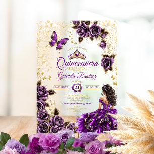 Purple Golden Tiara Roses Butterfly Quinceañera Acrylic Invitations
