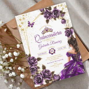 Purple Golden Tiara Roses Butterfly Quinceañera Invitation