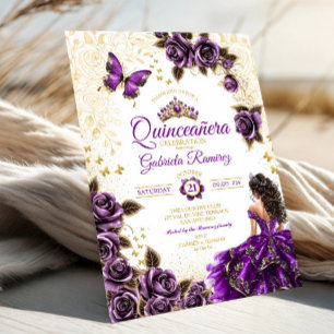 Purple Golden Tiara Roses Butterfly Quinceañera Invitation