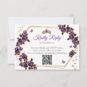Purple Golden Tiara Roses Butterfly Quinceañera RSVP Card