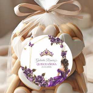 Purple Golden Tiara Roses Quinceañera Classic Round Sticker