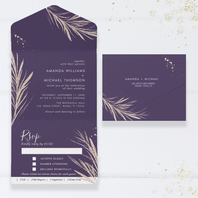 Purple Golden Twigs Elegant Wedding All In One  Al All In One Invitation (Creator Uploaded)