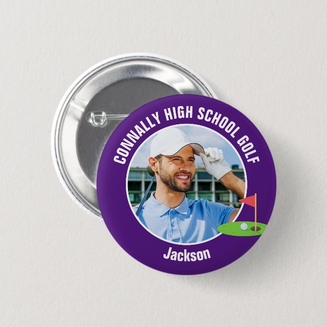 Purple Golfer Photo High School Golf Team 2 Inch Round Button (Front & Back)