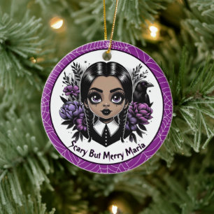 Purple Goth Girl Dark Floral Creepmas Christmas Ceramic Ornament