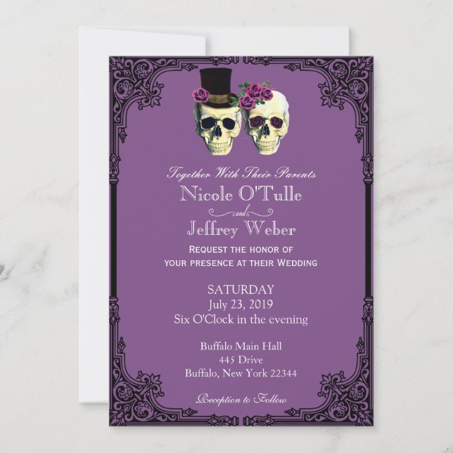 Purple Goth Sugar Skull Wedding Invitation (Front)