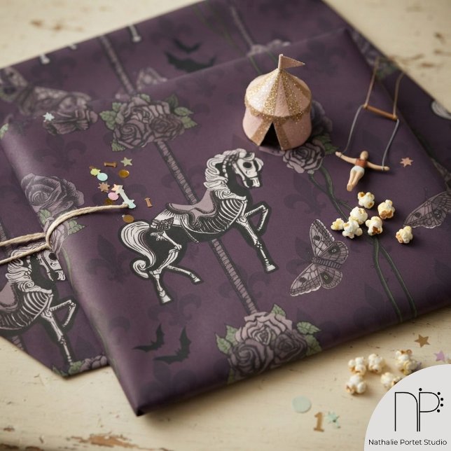 Purple Gothic Carousel Horse Wrapping Paper (Purple gothic carousel horse wrapping paper featuring hand-drawn fine-line ink and rose vine pattern)