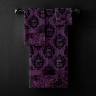 Purple Gothic Chic   Eggplant and Black Skulls Bath Towel Set